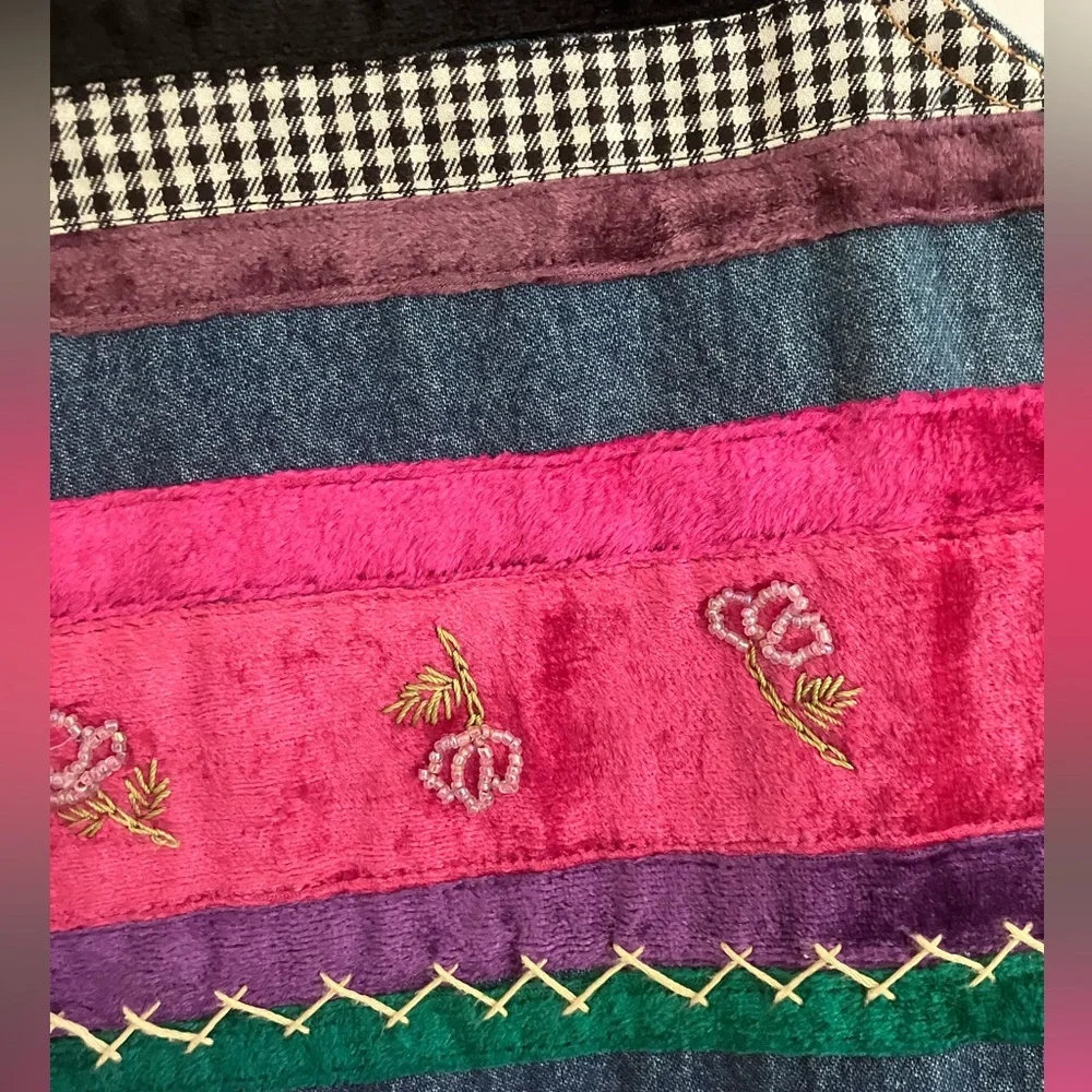 Susan Bristol Multicolor Embroidered Denim Vest - Pink, Purple, Green, Black - Picture 2 of 5